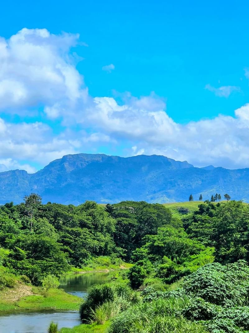 Lush green valley with a river and mountains in the Garden of the Sleeping Giant near TokaToka Resort Nadi Fiji