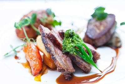 Close-up of a steak dish in a menu at Orsett Hall Hotel