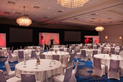 Banquet table set up in a meeting room at Ocean Place