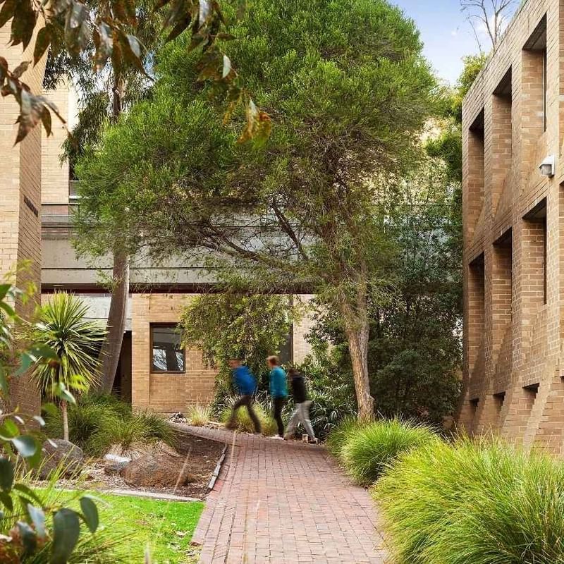 Two people walking down a brick pathway at La Trobe University Chisholm College.