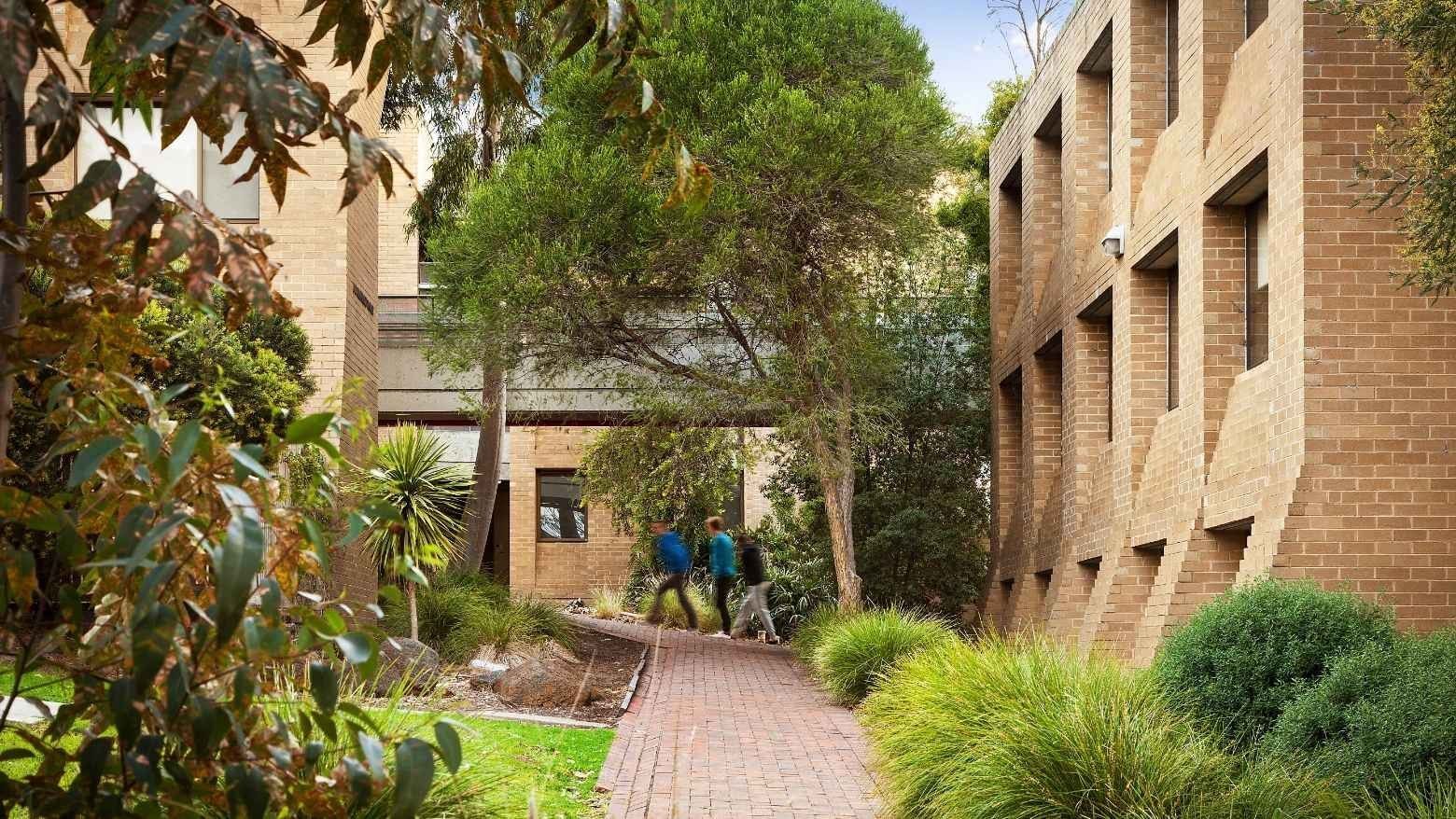 Two people walking down a brick pathway at La Trobe University Chisholm College.