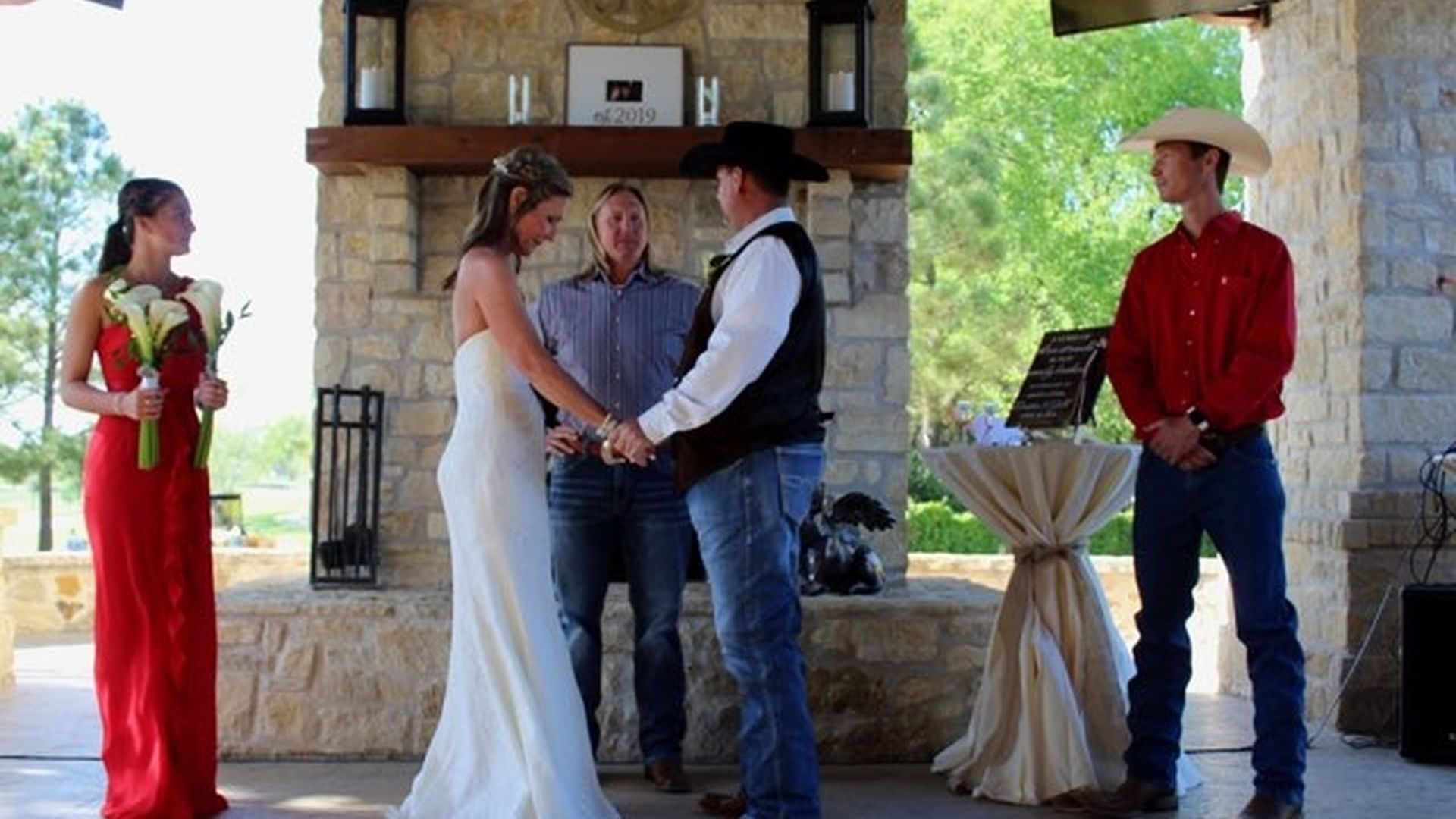 Bride and groom exchange vows during an outdoor wedding ceremony in North Patio at Shangri-La Monkey Island