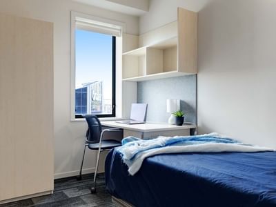 Modern bedroom with single bed, desk, and window at UniLodge Wellesley Apartments.