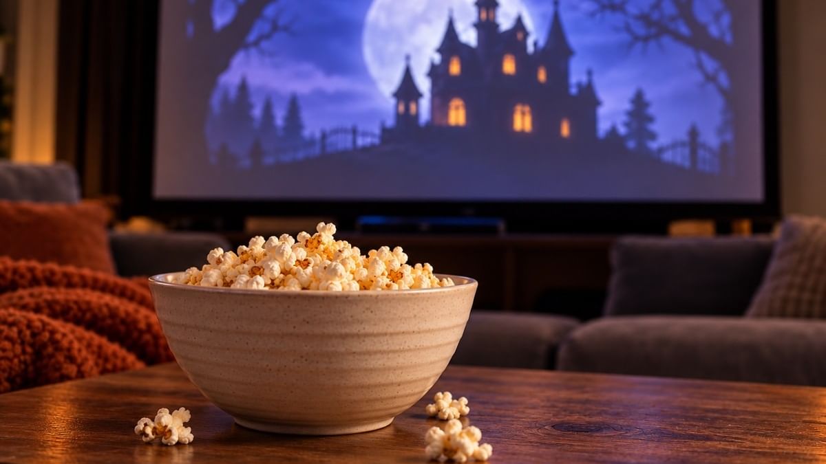 Bowl of popcorn on wooden table with haunted house scene on screen for Spooky Movie Night event