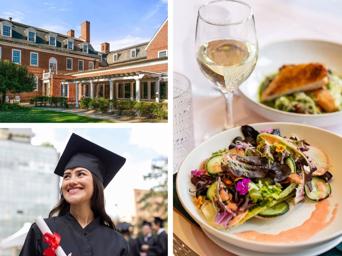 A collage celebrating a graduate with building, wine, salad, and graduate imagery.