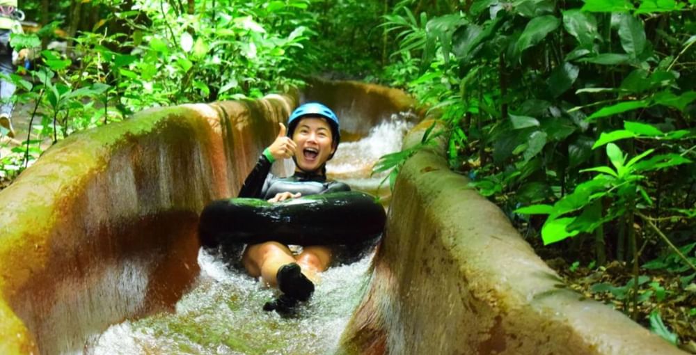 Jungle water slide surrounded by tropical vegetation