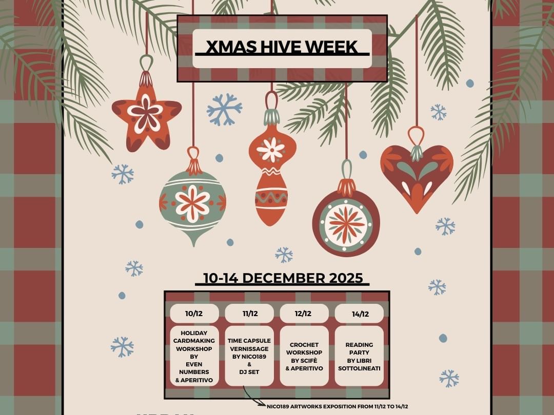 Poster displaying the festive calendar for Xmas Hive Week workshops at Urban Hive Milano