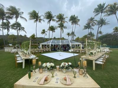 Wedding reception set up on a Copa Gardens at Copa Marina