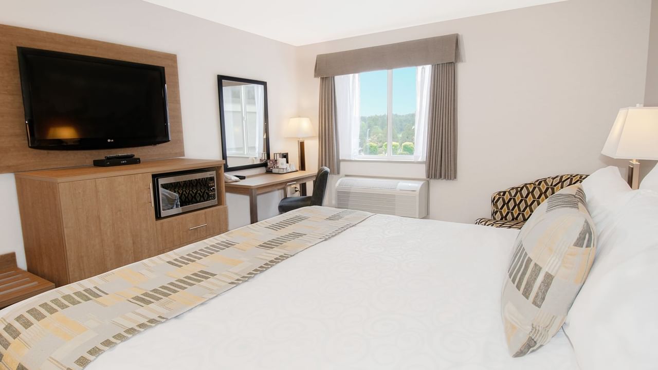 Hotel room with king bed, TV, microwave, chair, mirror, and window