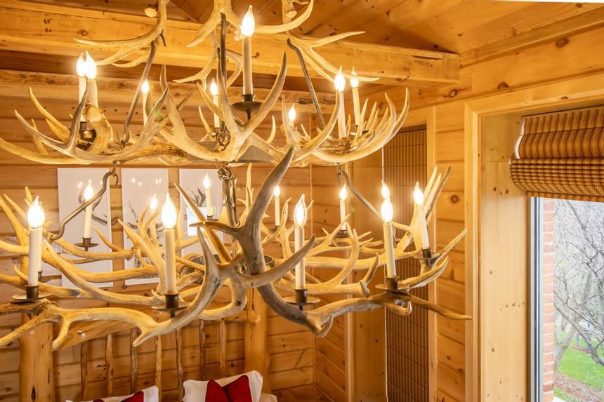 antler chandelier hanging from wood walls in log cabin suite