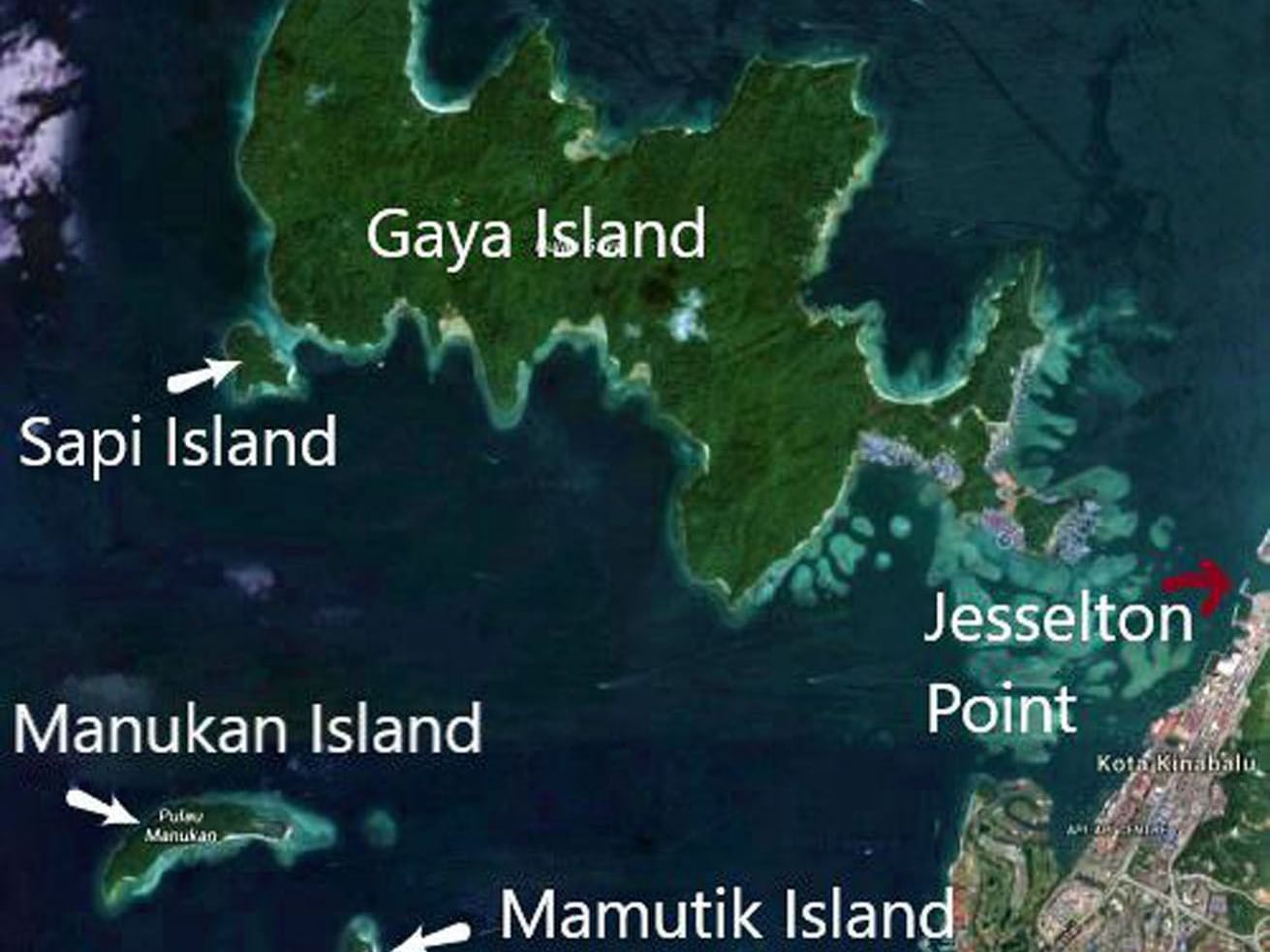 Satellite view of islands labeled Gaya, Sapi, Manukan, Mamutik and Jesselton Point near Cititel Express Kota Kinabalu