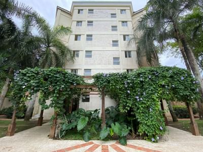 Exterior low-angle view of the hotel at Club Hemingway