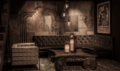 black and white image of lounge area