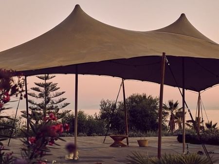 Large tent with peaked tops and wooden supports set on a deck with plants and trees.