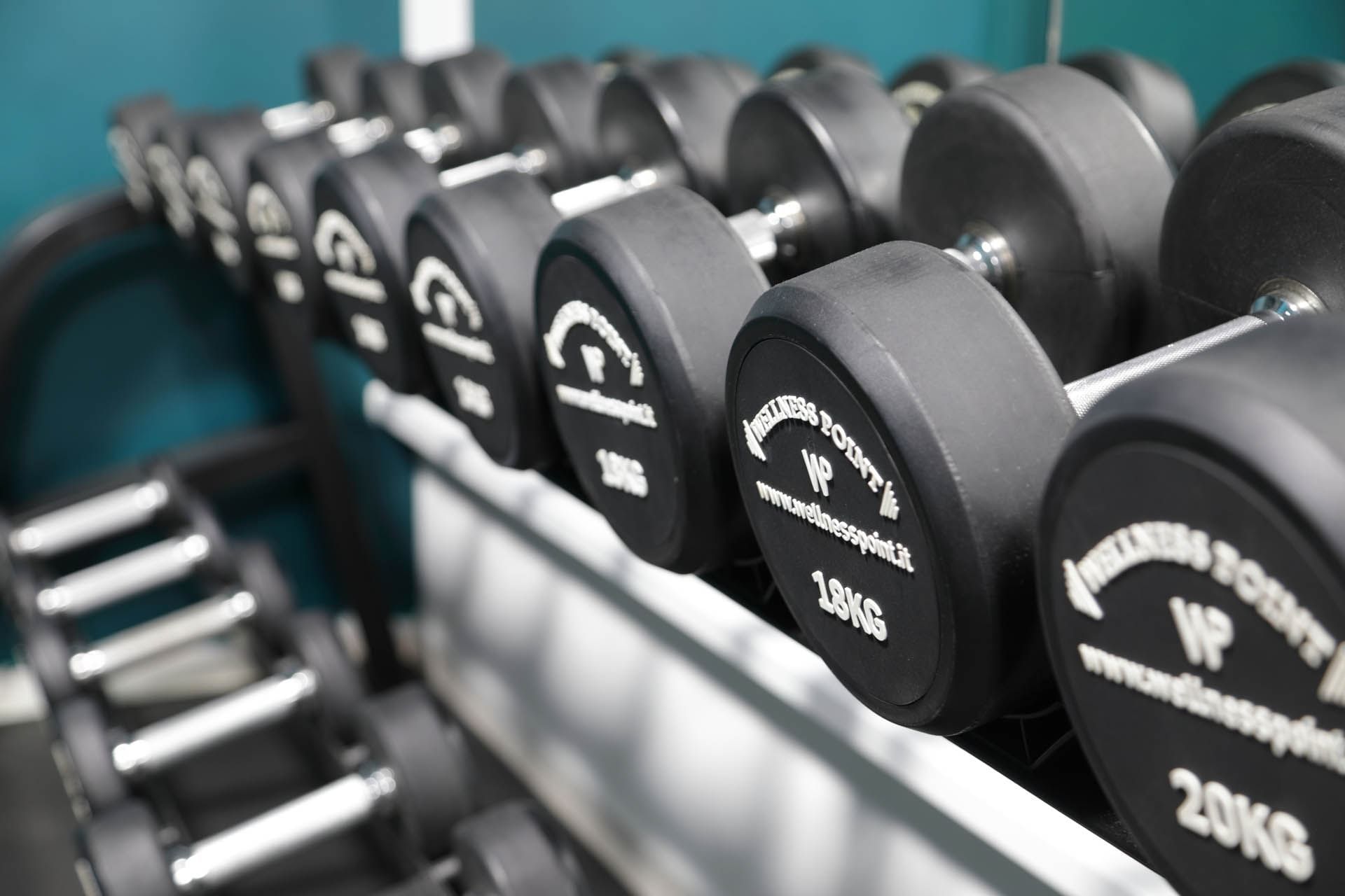 Close-up of a rack of black dumbbells labeled with weights in the gym at The Guardian Hotel