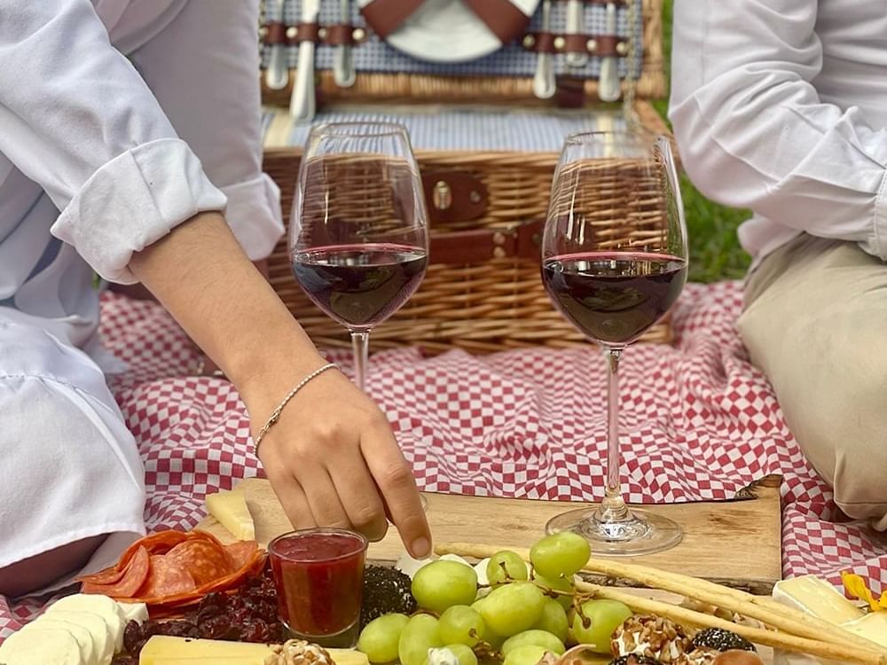 Picnic with wine glasses, cheese, grapes, and charcuterie at Fiesta Americana