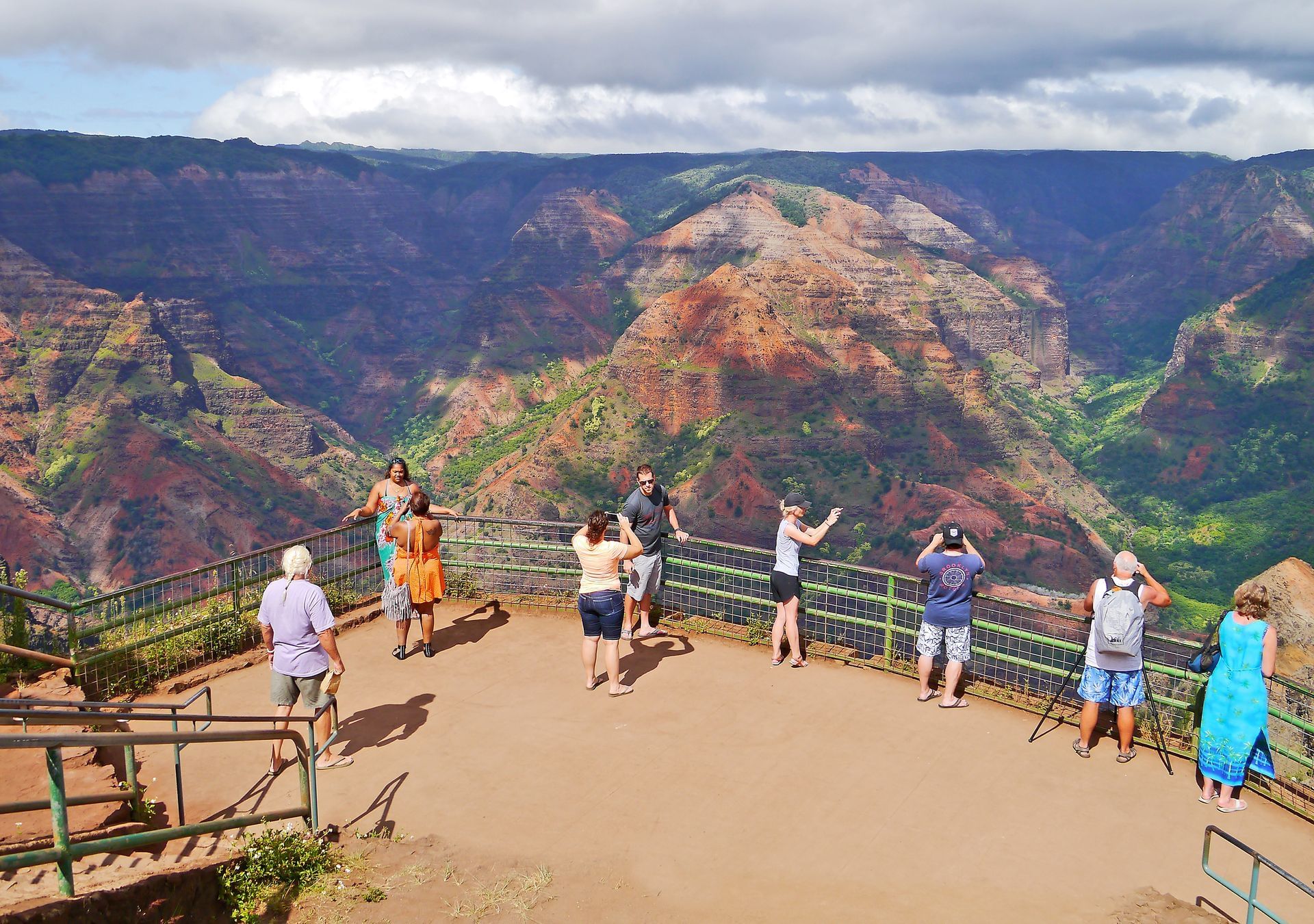 People at lookout over cliff and valley