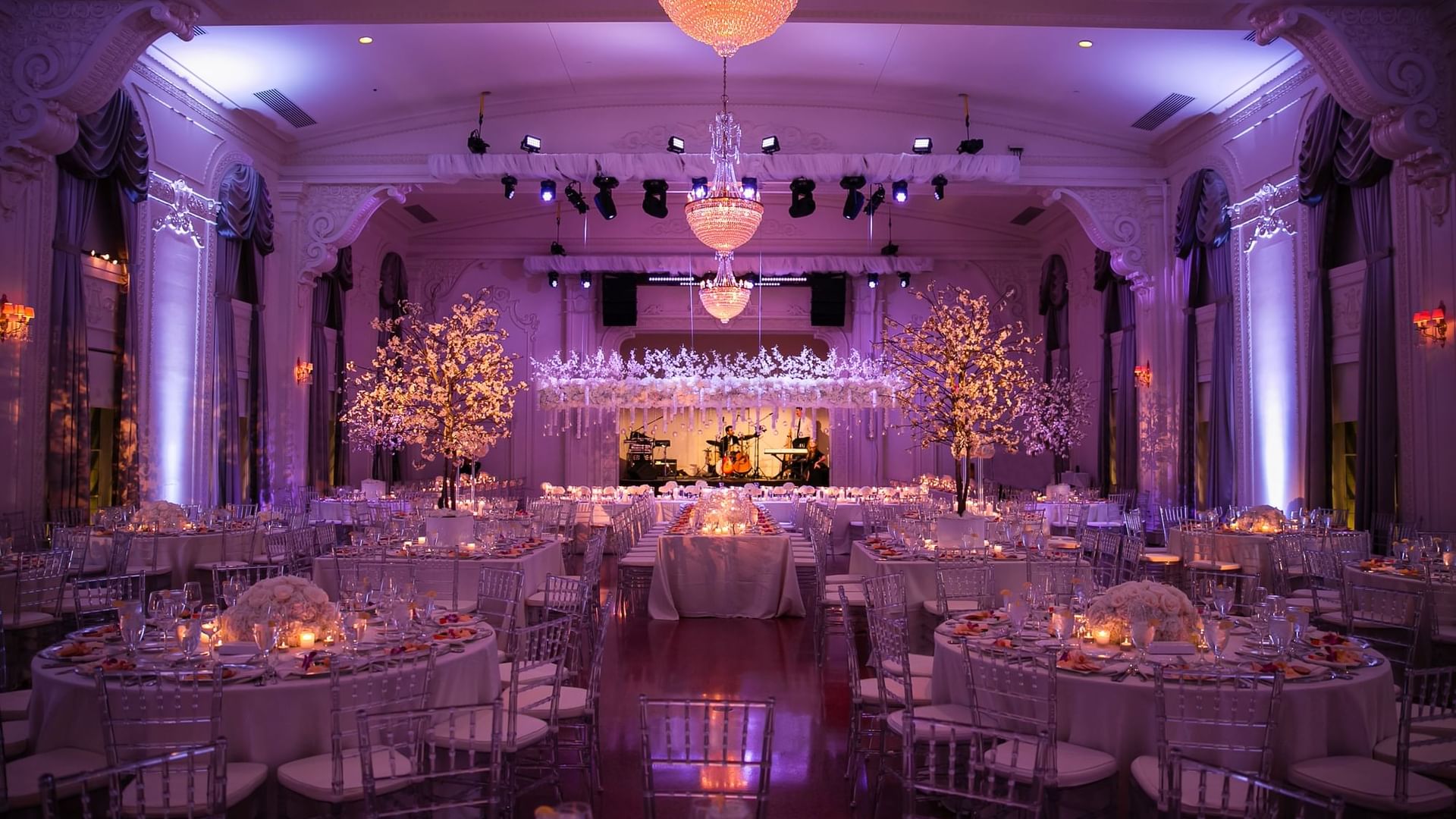 Elegantly set Crystal Ballroom event room at The Mayo Hotel in Tulsa.