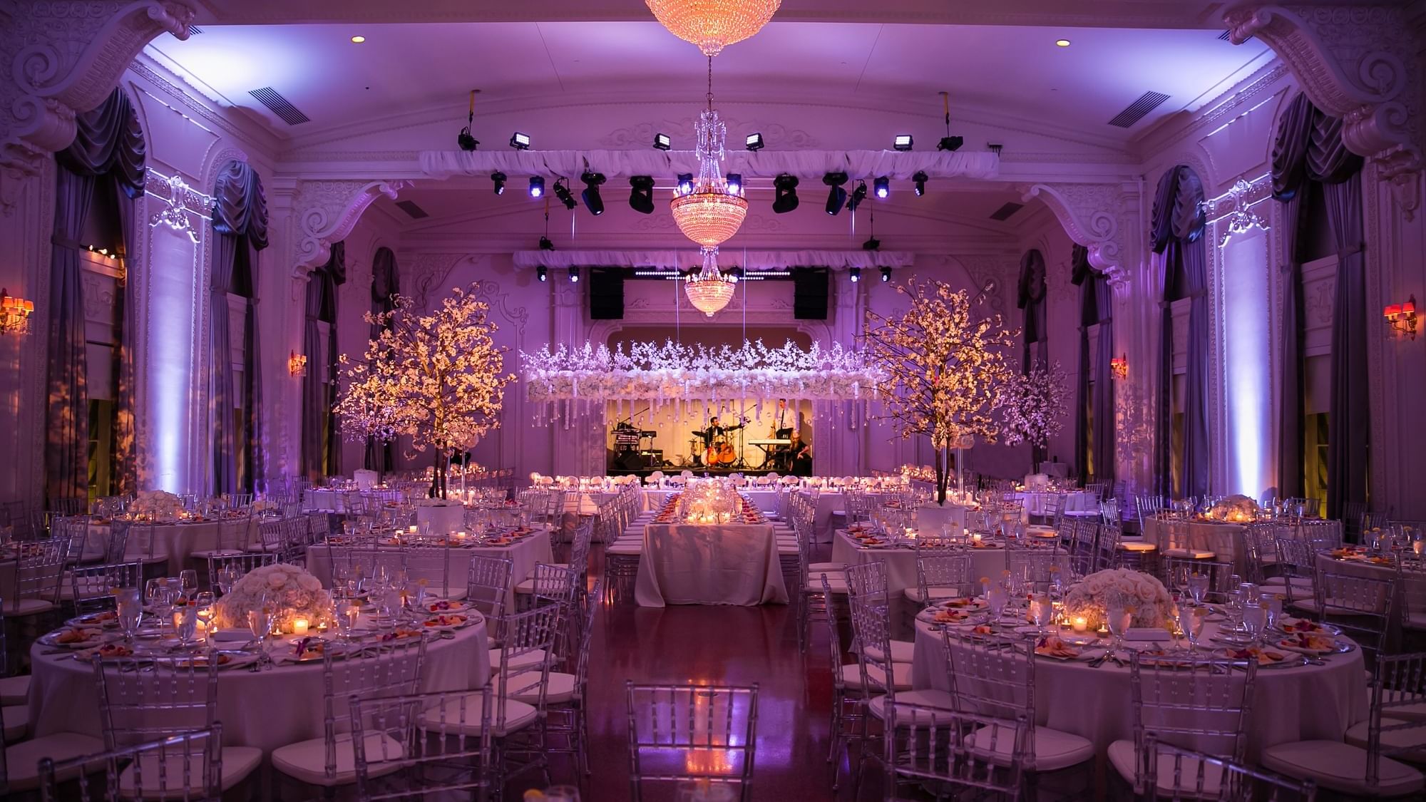 Elegantly set Crystal Ballroom event room at The Mayo Hotel in Tulsa.