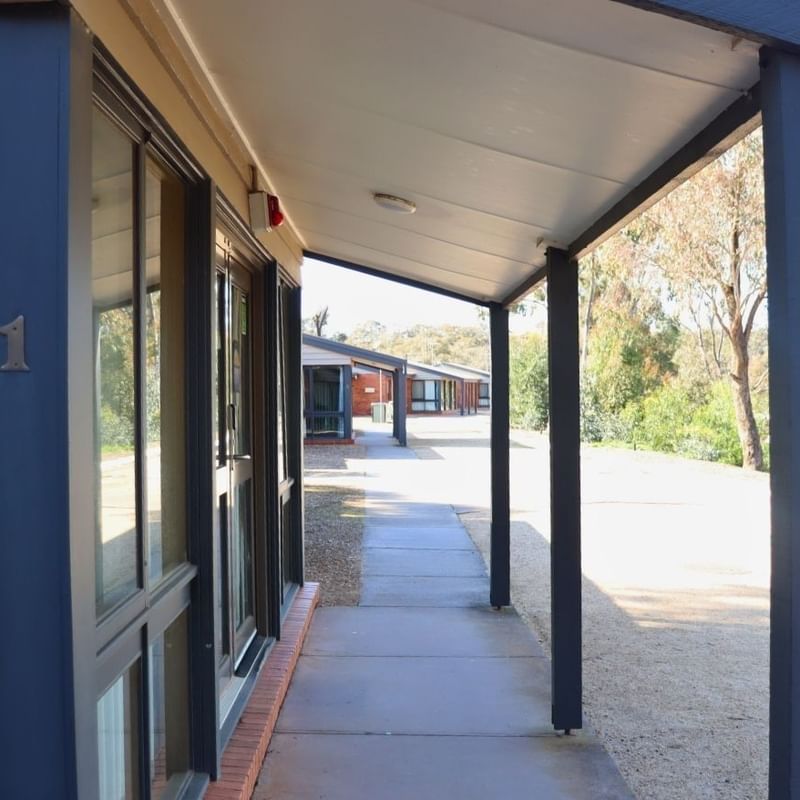 Terraced rooms with windows and walkways at La Trobe University Terraces.