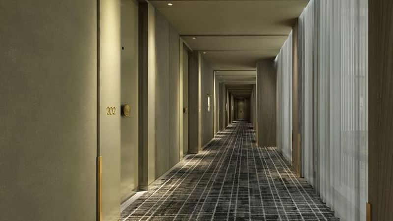 Interior of the corridor to the rooms at The Londoner Hotel