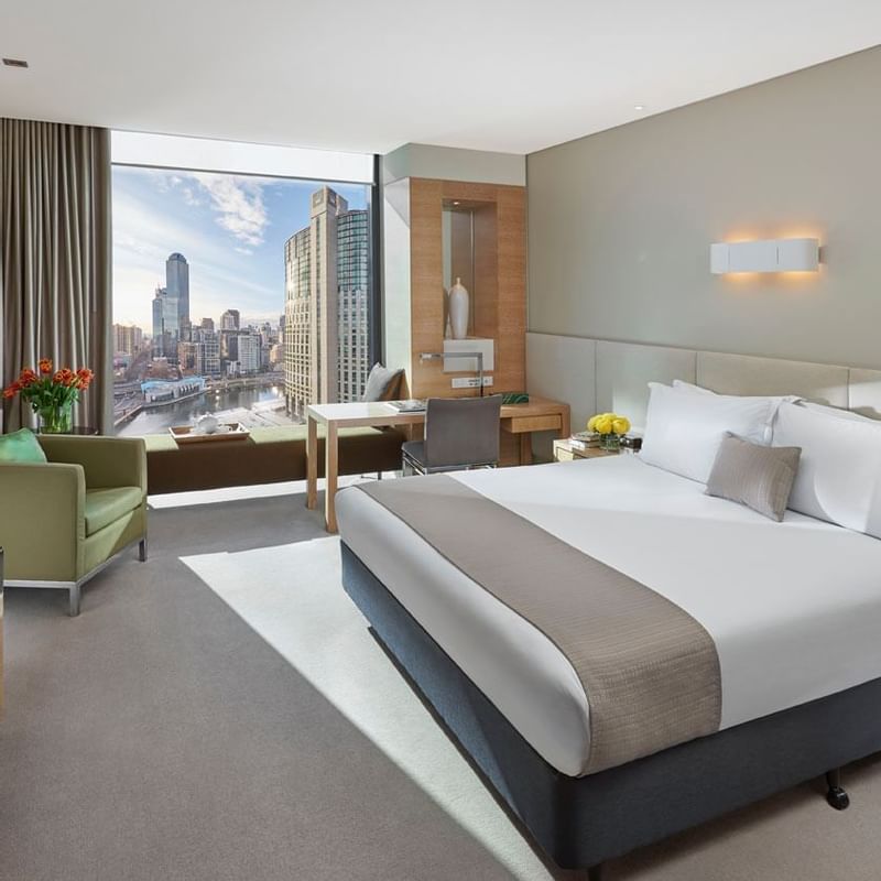 Bed & furniture in Standard King Room at Crown Hotel Melbourne