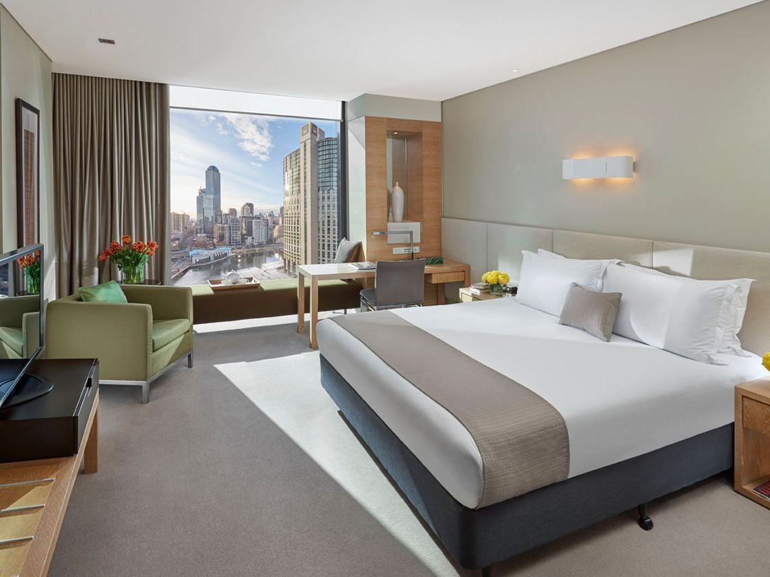 Bed & furniture in Standard King Room at Crown Hotel Melbourne