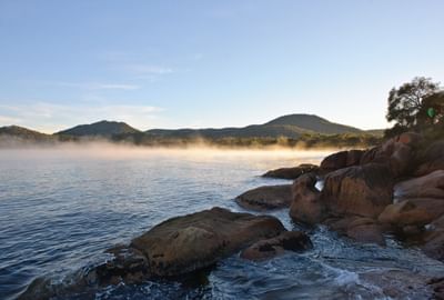 Landscape view of boulders by the Great Oyster Bay near Freycinet Lodge