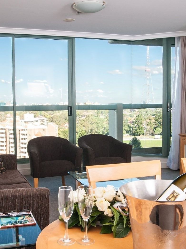 Comfortable sitting area with out door view at the Sebel Residence Chatswood