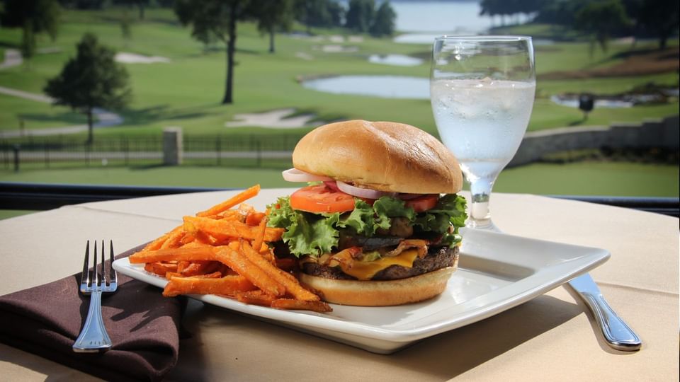 Burger & fries dish served at Shangri-La Monkey Island