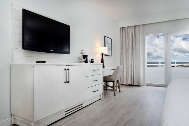 A guest room in white colors with tv at Ocean Place Resort