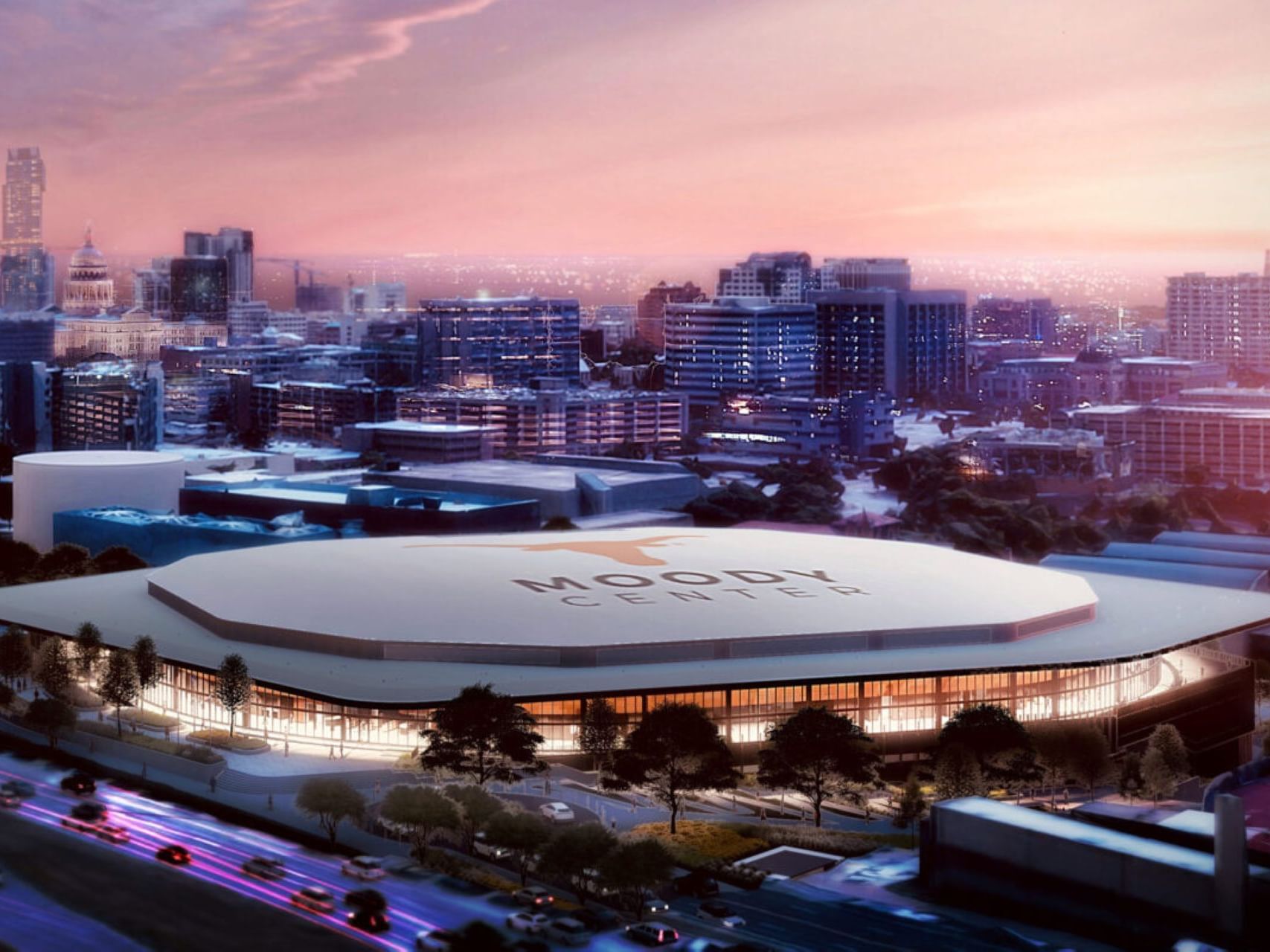 Aerial view of the Moody Center Arena near Austin Condo Hotel