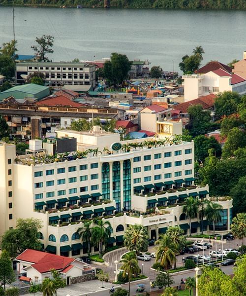 Aerial view of Sunway Hotel Phnom Penh, car park & city