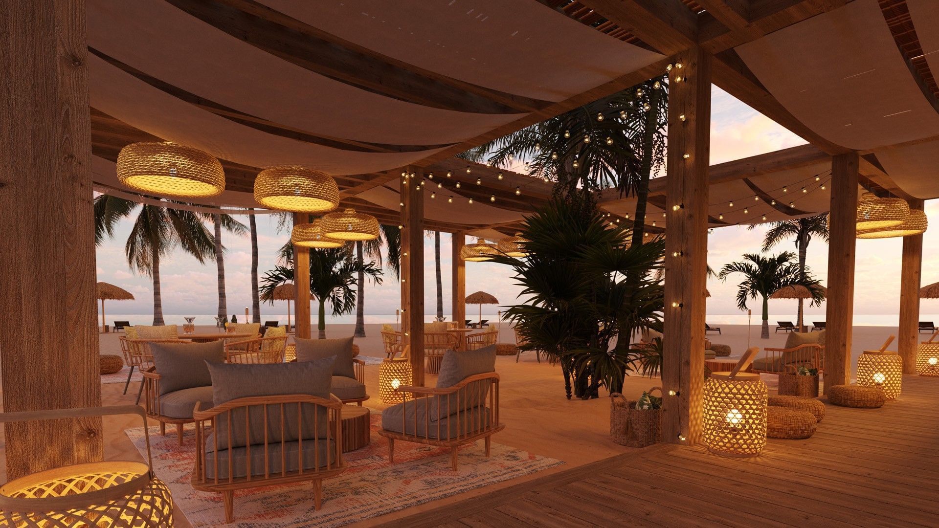 Salón relajante frente a la playa en Fiesta Americana Funeeq Punta Cana con sillones y lámparas de mimbre bajo sombra