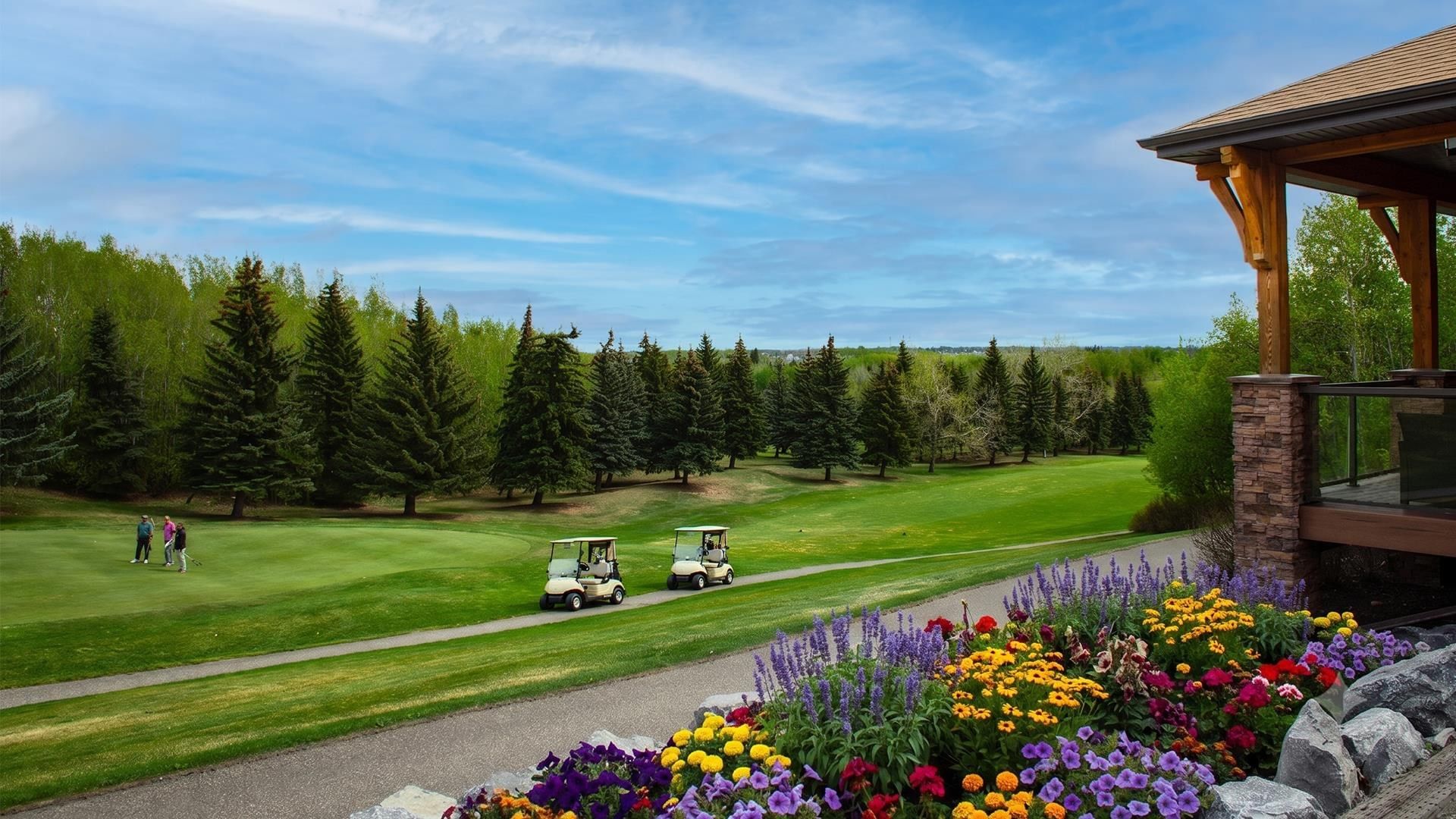 Golf course with lush green field, trees, and colorful flowers.