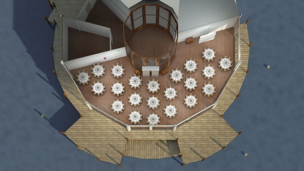 Top-down view of set-up banquets in Lily’s on the Lagoon at Novotel Sunshine Coast Resort