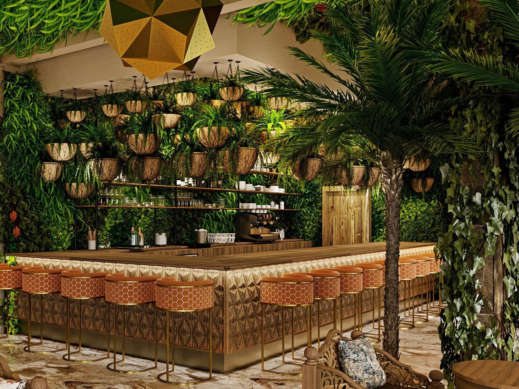 Bar counter with stools, tropical plants, and hanging planters in a lush, green indoor setting.