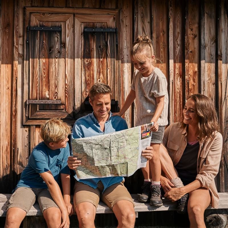 A family checking a map by a cottage at Falkensteiner Hotels
