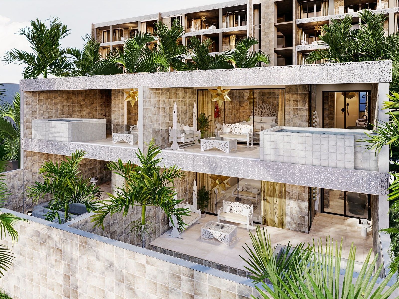 3D rendering of a resort building with balconies, patios, and lush tropical plants surrounding it.