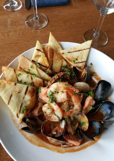 shrimp and mussels with pita bread