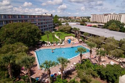 Aerial view of Rosen Inn International with outdoor pool area