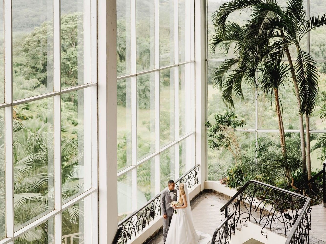 Pareja de novios en elegante salón con ventanales arqueados y vista a la selva tropical exuberante
