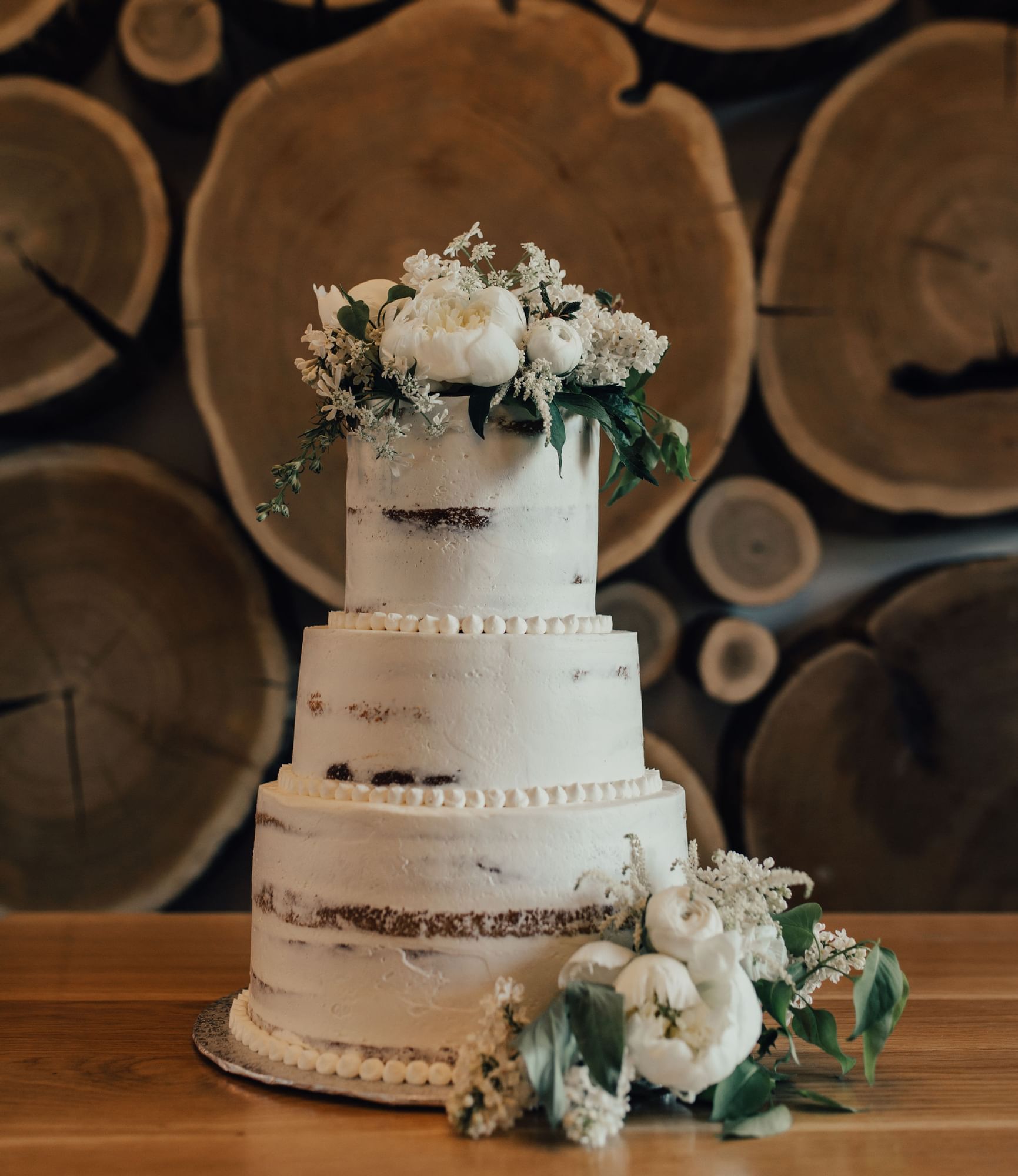 Close-up of a tiered wedding cake at Nita Lake Lodge