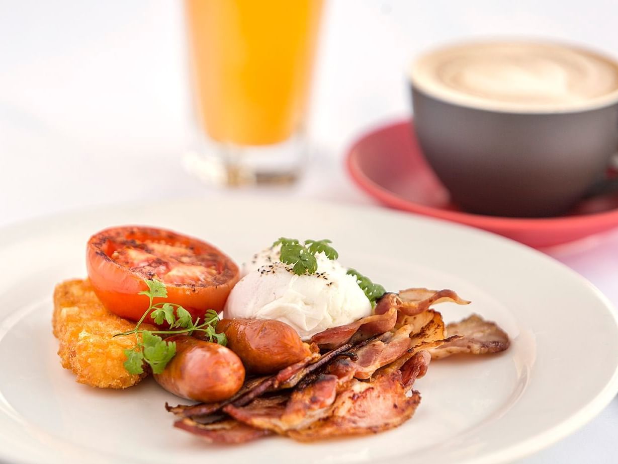 Breakfast dish served with coffee & juice at Hotel Grand Chancellor Townsville