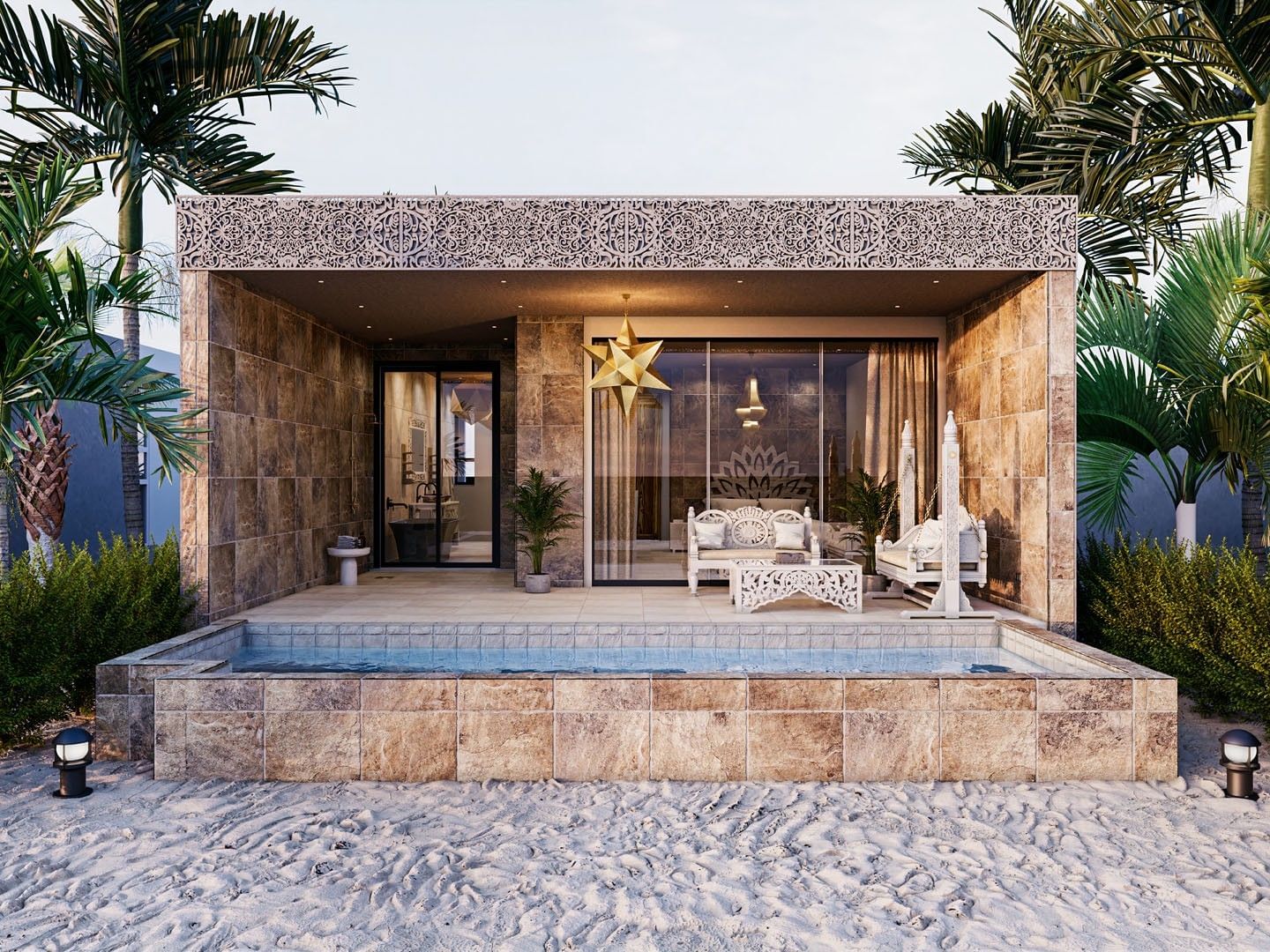 Modern beach house with pool, stone walls, tropical plants, and white furniture under a star-shaped light.