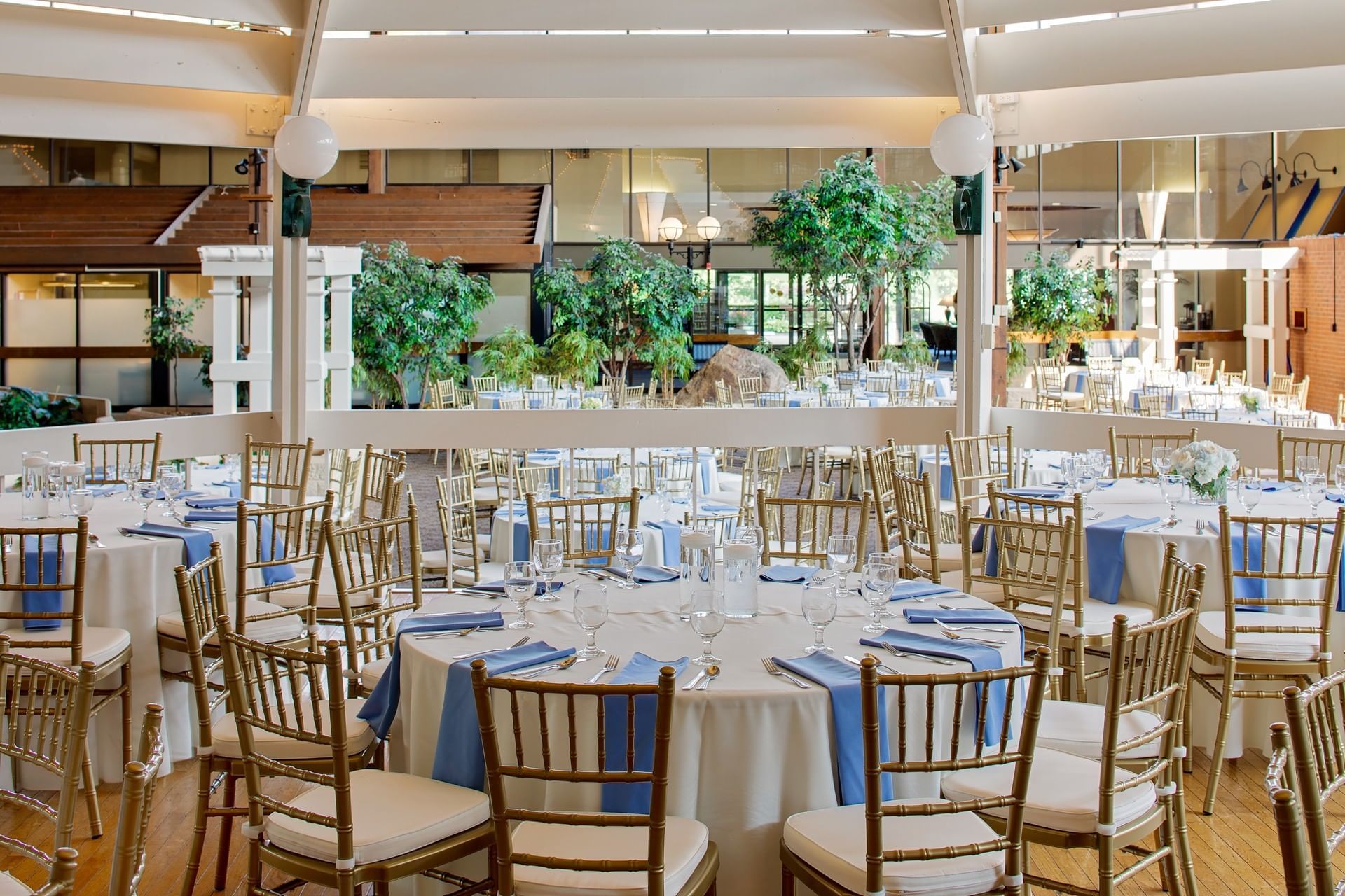 Banquet-style table set-up in Pavilion Venue at Boxboro Regency