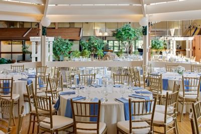 Banquet-style table set-up in Pavilion Venue at Boxboro Regency