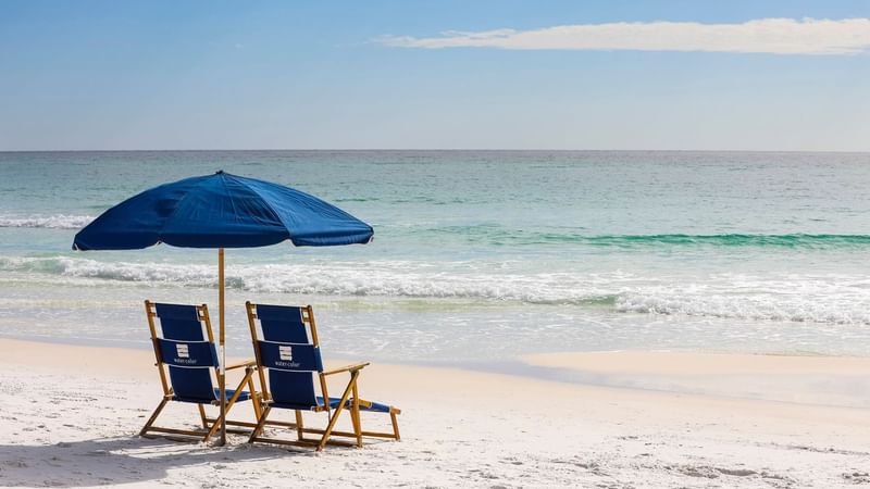 Beach chairs and an umbrella at the beach at WaterColor Inn