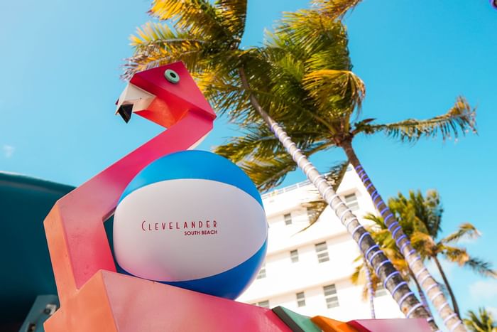 Flamingo and volleyball statue at Clevelander South Beach