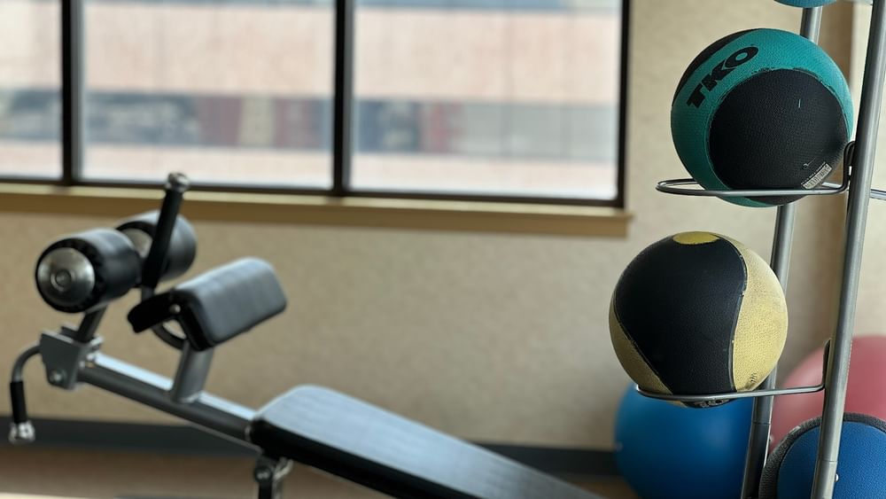 Medicine balls on a rack by a weight bench under soft light near a window at Warwick Denver
